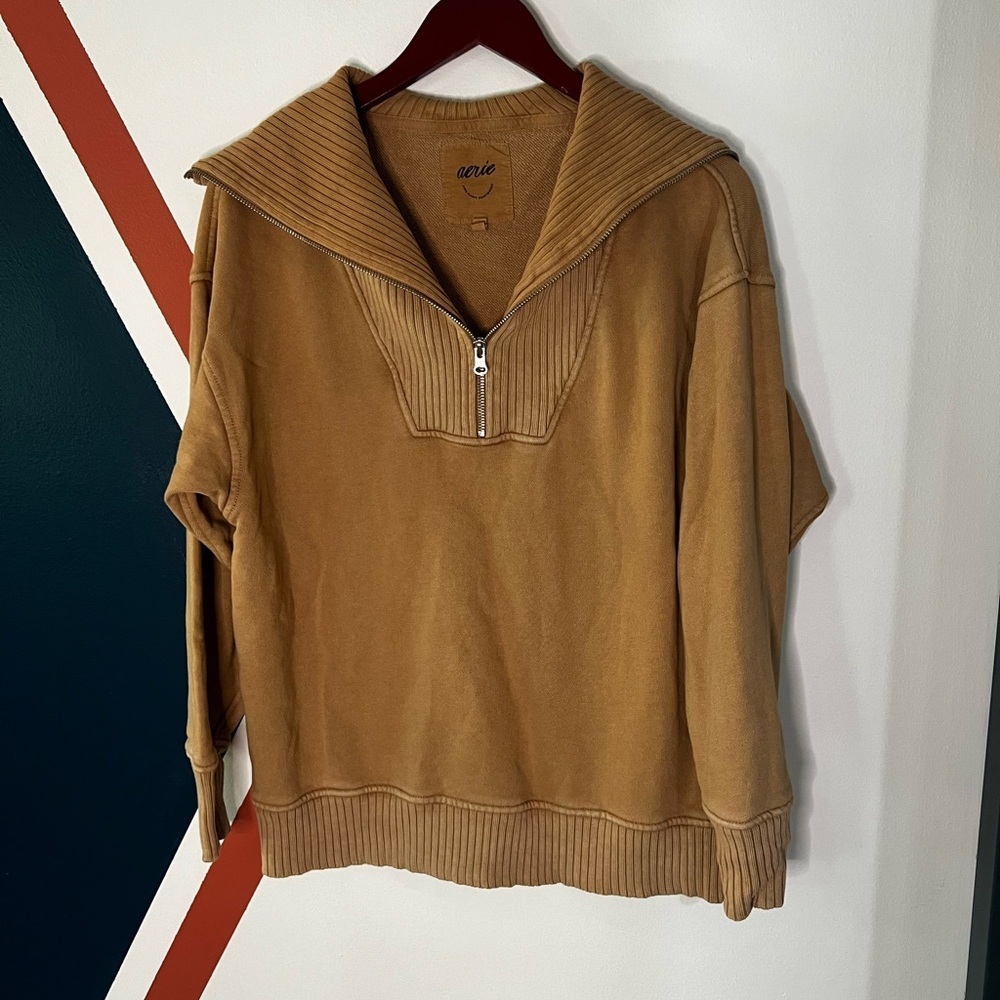 aerie Women's Zip-Up Sailor Collar Sweater in Camel